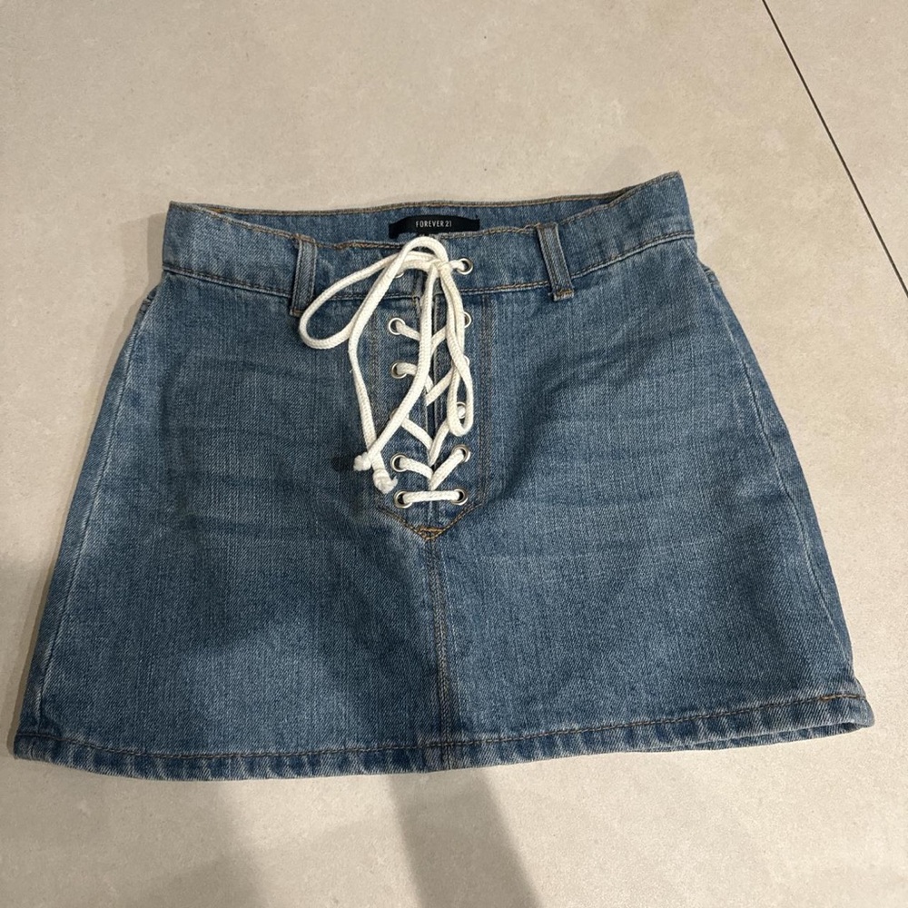 Forever 21 Denim Mini Skirt with Lace-Up Detail